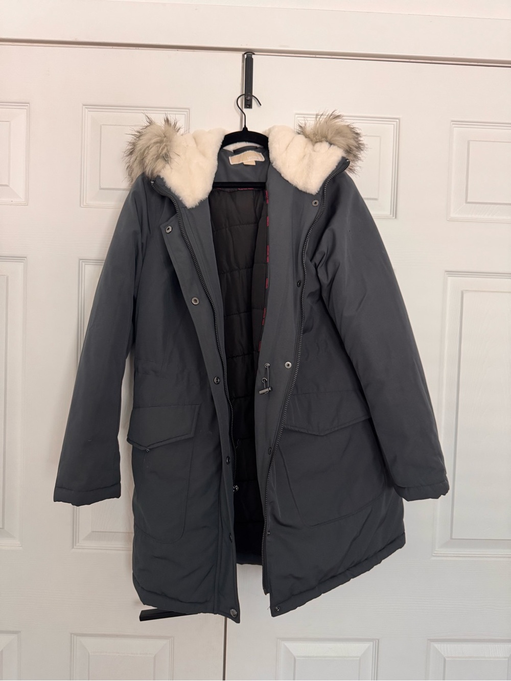 Michael Kors Gray Hooded Puffer Coat with Faux Fur Trim
